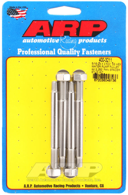 ARP 5/16-24 X 3.500 SS Hex Water Pump Pulley w/ 2.250in Fan Spacer Stud Kit - 400-3211