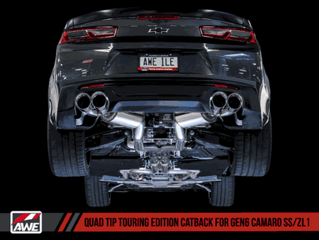 AWE Cat-Back Non-Resonated Exhaust Touring Edition Quad Outlet Black Tips (16-18 Camaro Coupe SS Manual/ZL1) 3020-43076