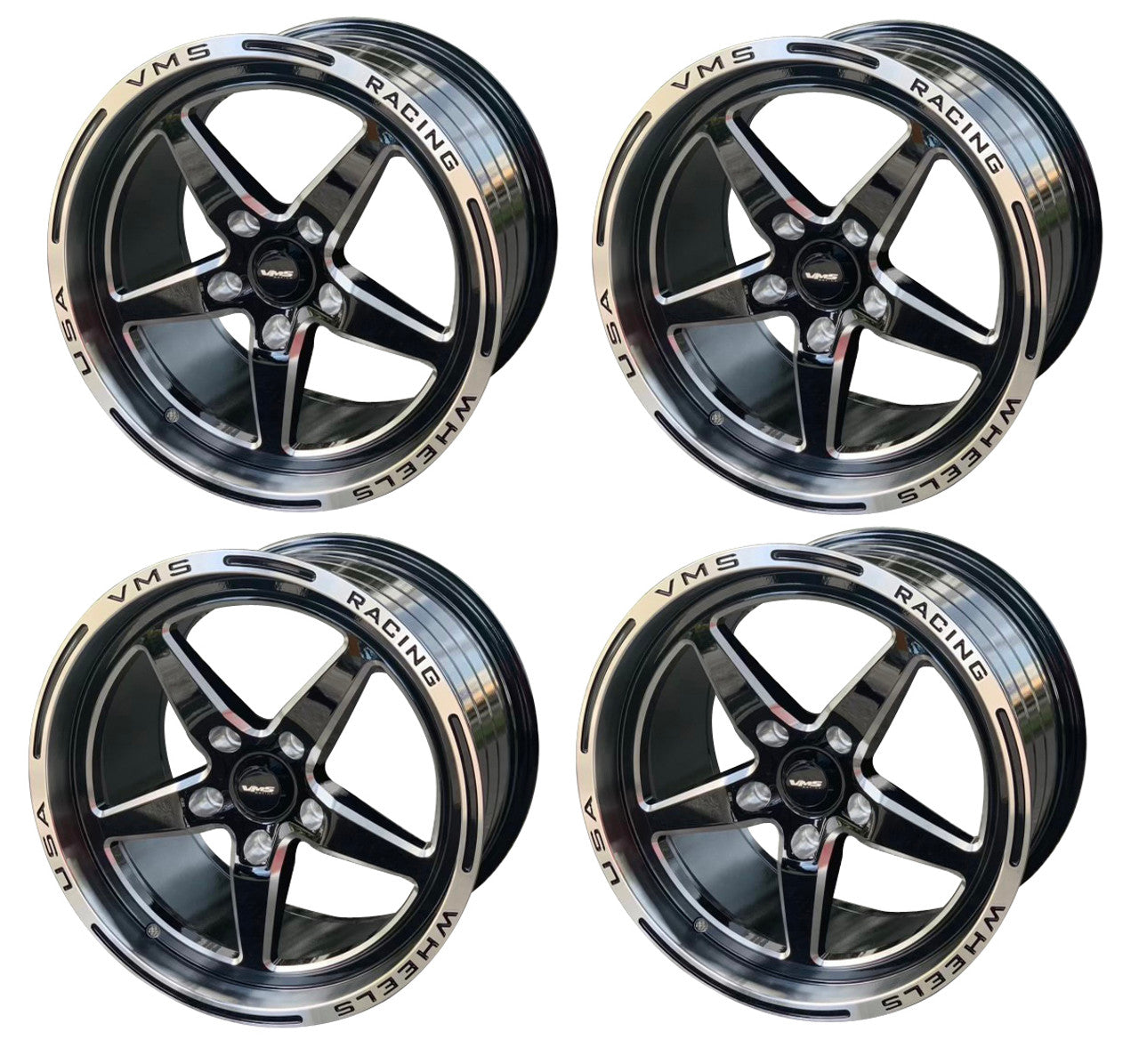 VMS Front & Rear Street Drag Wheel Set Polished Lip (05-20 Mustang / 2024 Mustang)